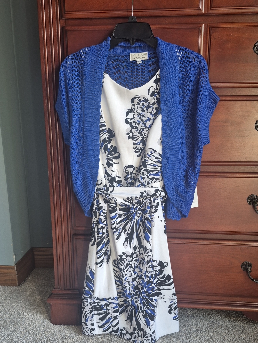 Signature Studio White Dress with Blue Floral Print and Royal Blue Knit Shrug